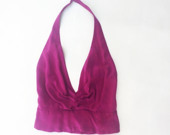 Dreamy SHERI BODELL HALTER Top, Fuchsia-Pink Silk Halter Top, Fantastic Silk Top, Pink Rhinestone Buttons, Fully Lined With Silk, Open Back