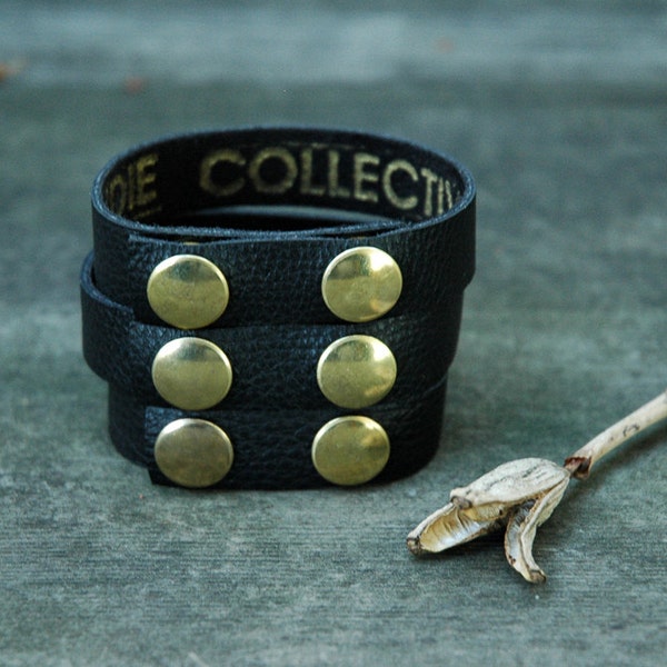 three black LEATHER WRIST-BANDS by indie collective, modular system, make 3 cuffs, neckband and a cuff, head band and more