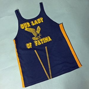 OUR LADY of FATIMA Tank Top, Altered Tee, Re-Made Vintage Top, Navy Blue, Yellow Striped Sides, Words and Eagle Silkscreened in Yellow