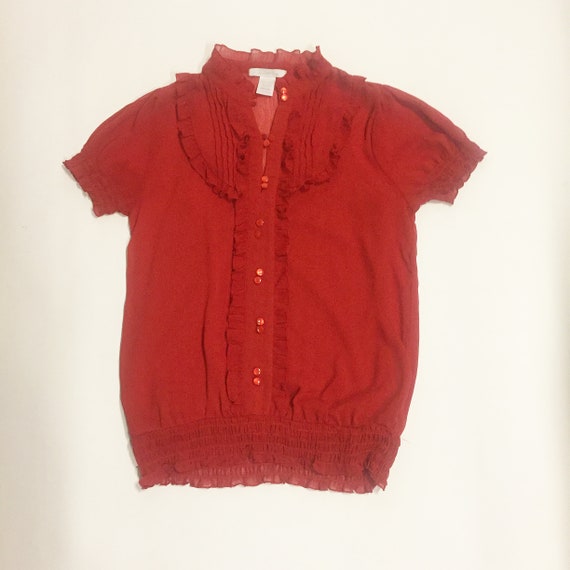 RED FRILLY BLOUSE, lipstick red top, ultra femini… - image 3