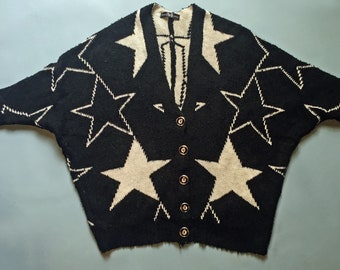 indiVisual Star Batwing Cardigan Fabulous Vintage 80s Cardigan, Black and White Cardigan, Bat-Wing Sleeves, Wool Blend Cardigan, Bouclé Knit Cardigan