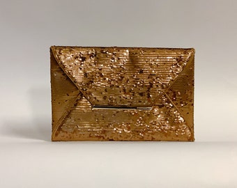 GOLD SEQUINED Clutch by BCBG with built in wallet, metallic sequins flip from shiny to matte gold, fully lined with taupe moire, deadstock