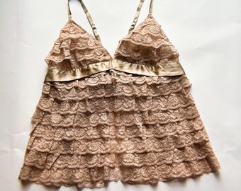 FRILLY PINK LACE Camisole, Layered Lace Top, Tie On Closure, Long Silk Satin Ties & Straps, Adjustable, M, Easy, Sexy