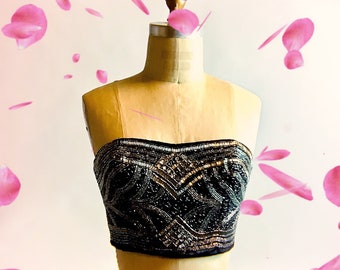 BEADED CROP BUSTIER, Stunning Glass Beads & Hand Beading on Black Velvet, Strapless,  Fully Lined With Cotton, Zipper Closure