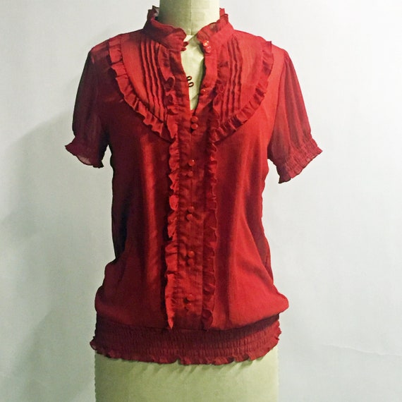 RED FRILLY BLOUSE, lipstick red top, ultra femini… - image 2