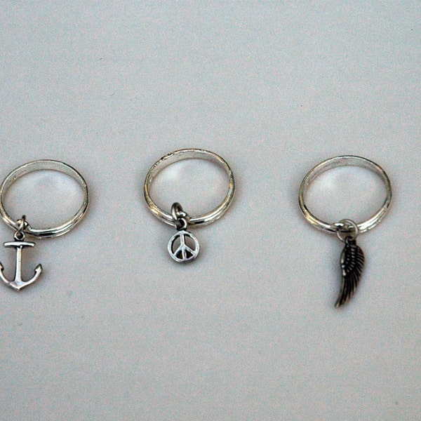 charm KNUCKLE RING sterling silver, peace sign charm , wing charm  or anchor charm, pure sterling silver rings and charms