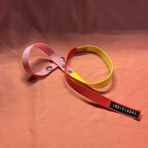 May include: A pink, yellow, and red strap with metal grommets. The strap is made of woven fabric and has the word "INDIVIDUAL" printed on a black label.