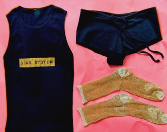 STARLET SET, Vintage Indie Collective, Contemporary PINUP Girl Outfit, Y2K, Handmade Text Tee, Cutoff Micro-Shorts, Gold Lurex Sox, ooak