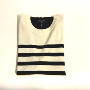 black and white striped sweater/top, RAG & BONE SWEATERTOP, striped, asymmetrical front and sleeves, plain black back