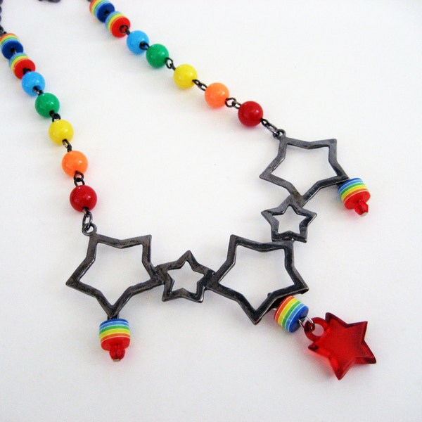 Rainbow Star Necklace - Gunmetal Stars with bright rainbow beads - Kawaii Rainbow Kandi Raver