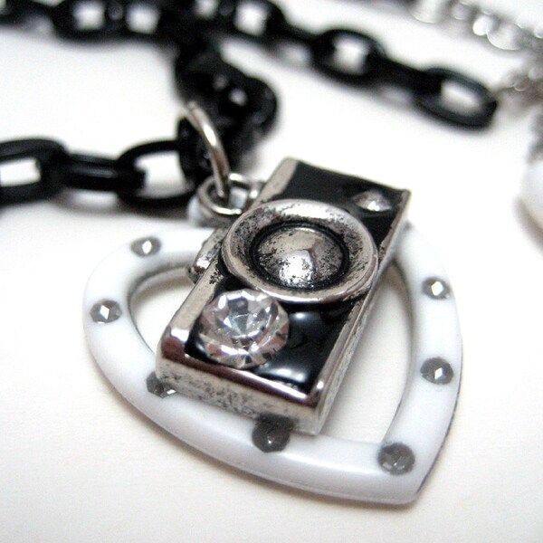 Heart Camera Necklace - I LOVE PHOTOGRAPHY small rhinestone camera charm with white heart and black chain