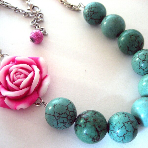 Asymmetrical necklace with beautiful pink rose and turquoise beads