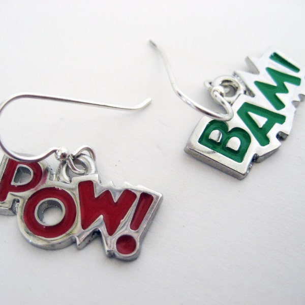 BAM POW Earrings - Comic book expression word earrings on STERLING silver hooks - Geek Chic Geekery Comic Nerd Superhero