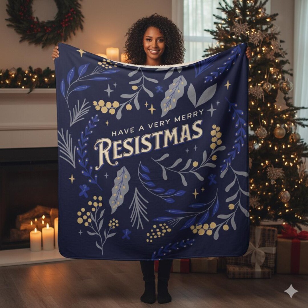 Resistmas Rabbit Merry Resistmas Sherpa Blanket | Deep Blue Holiday Throw, Floral ...