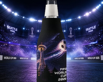 Custodia termica per bottiglia FIFA World Cup 2026 Seattle / Neoprene con cerniera / Portabottiglie termico Fantasy Space Needle Soccer