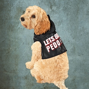 May include: A golden-colored dog wearing a black faux leather vest with the text "LETS GO PEDOS" in red and white lettering. The dog is sitting and looking to the left against a mottled blue-green background.