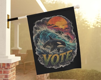 Orca Blue Wave 'VOTE' Garden Flag | Voter Reminder Midterm Election House Banner, Ocean Design
