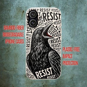 May include: A rectangular phone case featuring a black and white graphic illustration of a crow with its beak open. The background is filled with the repeated word RESIST in various sizes and orientations, surrounding the central bird figure.