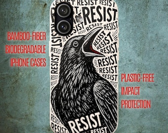 Resist Crow illustration compostable iPhone case | Anti-Fascist biodegradable plant-based cover Air Plus Max