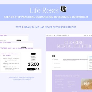 May include: Image of a digital guide titled "Life Reset" with step-by-step guidance on overcoming overwhelm. The guide includes a timer set for 15:00, and sections on brain dumping and clearing mental clutter. The color scheme is primarily white and lavender.
