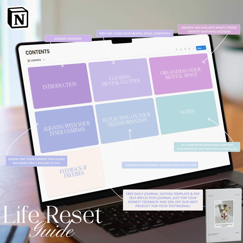 May include: A laptop displaying a digital guide titled "Life Reset Guide." The screen shows a "Contents" page with sections like "Introduction" and "Clearing Mental Clutter." A physical journal is next to the laptop. The color scheme is pastel.