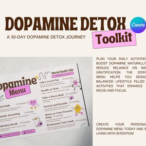 May include: A pink and white printable guide titled "Dopamine Detox Toolkit" with the text "A 30-Day Dopamine Detox Journey" and a list of activities to help reduce reliance on instant gratification. The activities include "Mindful Walk", "Gratitude Journaling", "Meditation Break", "Call a Loved One", "Doodle or Draw", "Take a Warm Bath", "Stretch and Breathe", "Dance to Your Favorite Song", and "Brainstorm Your Goals".
