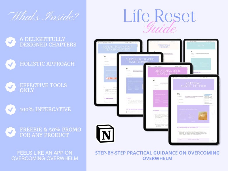 May include: A digital guide titled "Life Reset Guide" displayed on several tablets. The guide's content includes chapters on mental organization and overcoming overwhelm. Text on the image reads "What's Inside?" and "Step-by-step practical guidance on overcoming overwhelm."