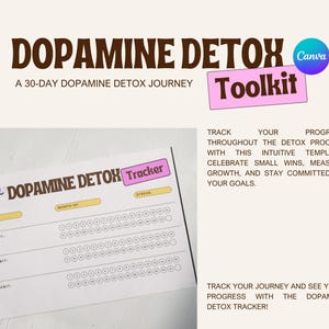 May include: A printable dopamine detox tracker with a pink heart graphic. The tracker has sections for year, month, habit, and streak. The text "Dopamine Detox Tracker" is in brown and pink lettering.