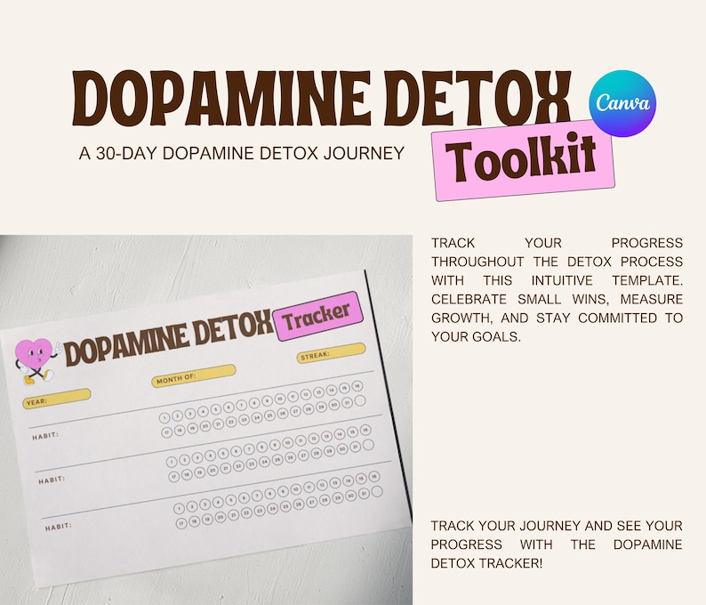 May include: A printable dopamine detox tracker with a pink heart graphic. The tracker has sections for year, month, habit, and streak. The text "Dopamine Detox Tracker" is in brown and pink lettering.