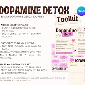 May include: A pink and white printable toolkit for a 30-day dopamine detox journey. The toolkit includes a menu of activities to help reduce dopamine intake, such as mindful walking, gratitude journaling, and meditation. It also includes a 30-day habit tracker to help you stay on track with your detox goals.