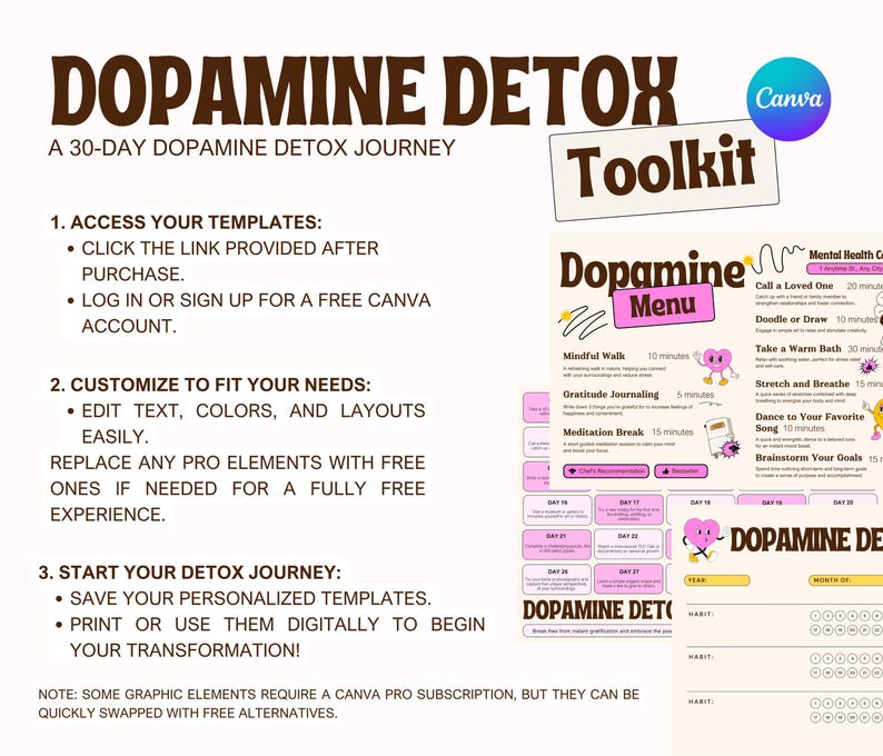 May include: A pink and white printable toolkit for a 30-day dopamine detox journey. The toolkit includes a menu of activities to help reduce dopamine intake, such as mindful walking, gratitude journaling, and meditation. It also includes a 30-day habit tracker to help you stay on track with your detox goals.
