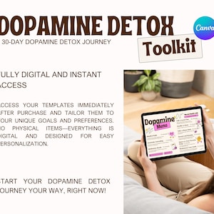 May include: A digital toolkit for a 30-day dopamine detox journey. The toolkit includes templates that can be customized to fit individual goals and preferences. The image shows a person using a tablet with a "Dopamine Menu" on the screen.