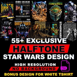 Pode incluir: Uma coleção de designs de Star Wars com personagens como Darth Vader, Obi-Wan e The Mandalorian. A imagem inclui o texto "55+ EXCLUSIVE HALFTONE STAR WARS DESIGN" e "HIGH RESOLUTION NO BACKGROUND PNG".