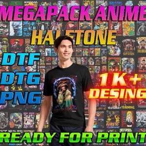 May include: A black t-shirt with a vibrant anime design. The image includes text that reads "MEGAPACK ANIME HALFTONE DTF DTG PNG 1K+ DESING READY FOR PRINT". The background is filled with various anime-style illustrations.