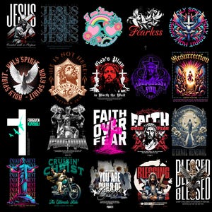 May include: A selection of graphic designs with religious motifs. The designs showcase images of Jesus, crosses, doves, and motivational text like "Faith Over Fear" and "Blessed". The colour scheme incorporates white, black, and bright colours.