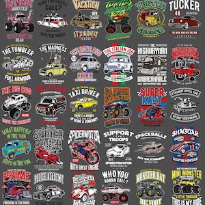 Puede incluir: Un gráfico gris oscuro con varios vehículos y texto. Los diseños incluyen monster trucks, coches de carreras y motocicletas, con frases como "Zombie Monster" y "The Love Bug."