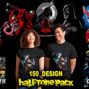 Könnte beinhalten: Eine Collage aus 150 Superhelden-Designs im Halbtonstil. Die Designs zeigen Charaktere wie Spider-Man, Batman, Superman und Wolverine. Der Text "150 DESIGN halftone Pack" ist in gelben Buchstaben auf schwarzem Hintergrund.