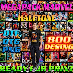 Puede incluir: Un collage digital de 800 ilustraciones de personajes de Marvel en estilo de semitono. Los personajes están dispuestos en una cuadrícula y incluyen personajes populares como Captain America, Iron Man y Spider-Man. El texto "MEGAPACK MARVEL HALFTONE" se muestra en la parte superior de la imagen. El texto "DTF DTG PNG" se muestra en el centro de la imagen. El texto "800 DESING" se muestra en el centro de la imagen. El texto "READY FOR PRINT" se muestra en la parte inferior de la imagen.