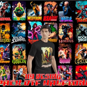 May include: A collage of 19 different comic book character illustrations, each with a unique design and colour scheme. The characters include Deadpool, Wong, Wolverine, USAgent, The Watcher, Thor, Sunspot, Silver Surfer, Scarlet Witch, Hulk, Morbius, Moon Knight, Lady Deathstrike, Green Goblin, Spider-Man, Gambit, Echo, Doctor Strange, and Black Widow. The text "119 DESING PACK OTF HALSTONE" is at the bottom of the collage.