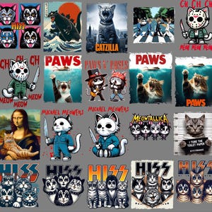Puede incluir: Una colección de diseños gráficos con gatos en varios estilos. Los diseños incluyen parodias de bandas, películas y obras de arte famosas, con textos como "CATZILLA", "PAWS" y "MEOWTALLICA". La paleta de colores es diversa, con colores llamativos e ilustraciones detalladas.