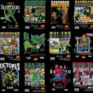 May include: A collage of comic book character illustrations featuring Scorpion, Sandman, Shocker, El Buitre, Buitre, Octopus, Doctor Octopus, Spiderman, and Spider-Boy. The illustrations are in a black and green color scheme with white text.