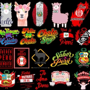 May include: A selection of vibrant Peruvian-themed graphics on a black backdrop. Features illustrations of llamas with flower crowns, the Peruvian flag, and Spanish text including "Feliz 28 Cholo" and "Fiestas Patrias 28 Jul".