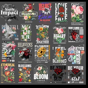 Könnte beinhalten: Eine Sammlung von Grafikdesigns auf dunklem Grauhintergrund. Jedes Design zeigt florale Elemente, Text und künstlerische Illustrationen. Die Designs enthalten Sätze wie "Youth Impact", "Velvet Dream" und "Bloom Stronger".