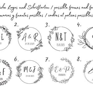 Peut inclure: Huit designs de logo différents avec des couronnes de fleurs et des initiales. Chaque logo comprend une date.