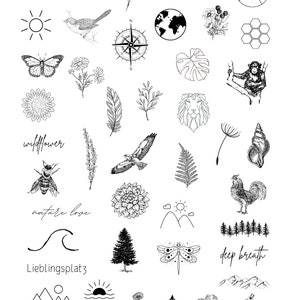 Puede incluir: Una colección de 25 ilustraciones en blanco y negro con temática de la naturaleza. Las ilustraciones incluyen un sol, un pájaro, una brújula, un globo terráqueo, una mariposa, flores, un león, una abeja, una libélula, una cordillera, un árbol, una ola y más.