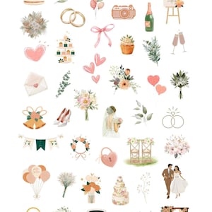 May include: A set of 30 watercolor wedding clipart illustrations. The illustrations include wedding rings, bouquets, cakes, champagne, a bride and groom, and more.
