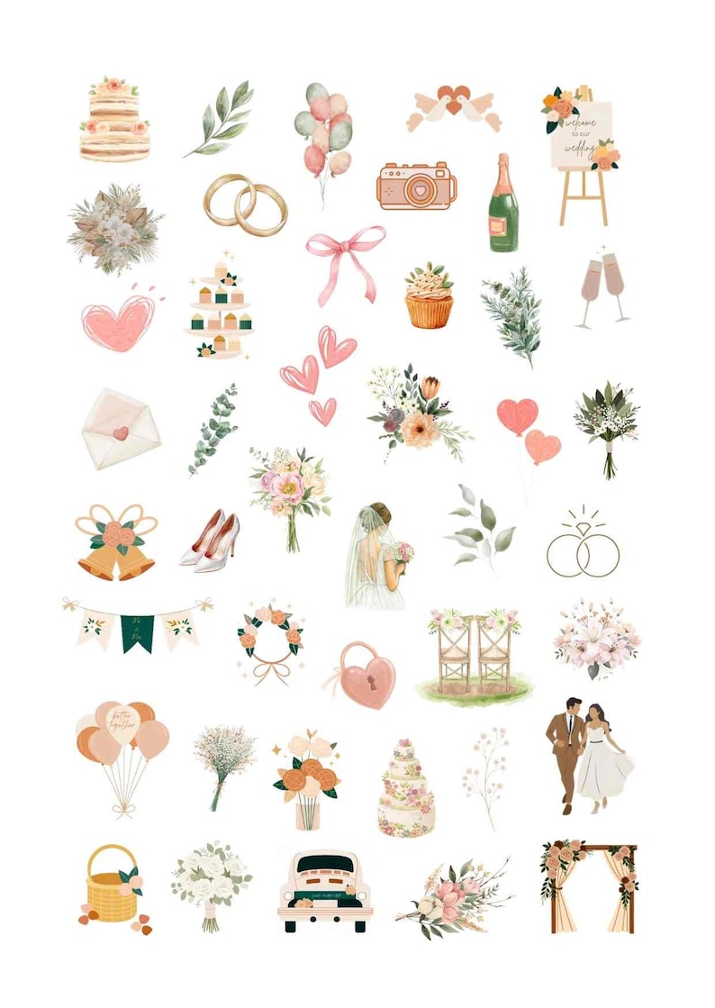 May include: A set of 30 watercolor wedding clipart illustrations. The illustrations include wedding rings, bouquets, cakes, champagne, a bride and groom, and more.