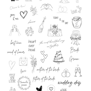 May include: Black and white line art illustrations of wedding related icons and phrases.  The illustrations include wedding rings, champagne glasses, a wedding dress, a bouquet of flowers, a heart, a cake, a car with a "just married" sign, and the words "love", "best man", "maid of honor", "heart over head", "bride", "groom", "wedding day", "let's dance", "two people one future", "today is the day", "forever", "you & me", "cheers to love", "fest der liebe", "favourite person", "mother of the bride", "father of the bride", and "yes".