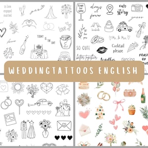 May include: A sheet of temporary tattoos with various wedding-themed designs, including hearts, rings, flowers, and text like "Love", "Best Man", and "Perfect Match".