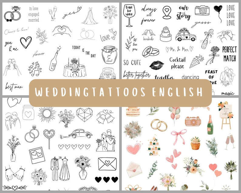 May include: A sheet of temporary tattoos with various wedding-themed designs, including hearts, rings, flowers, and text like "Love", "Best Man", and "Perfect Match".
